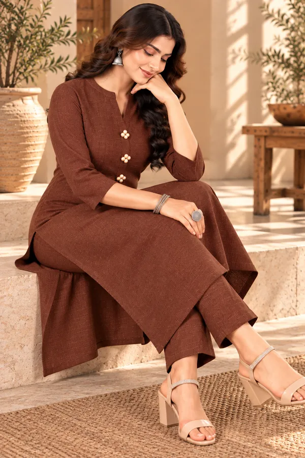 Brown_Textured_Straight_Kurta_Set_for_Women