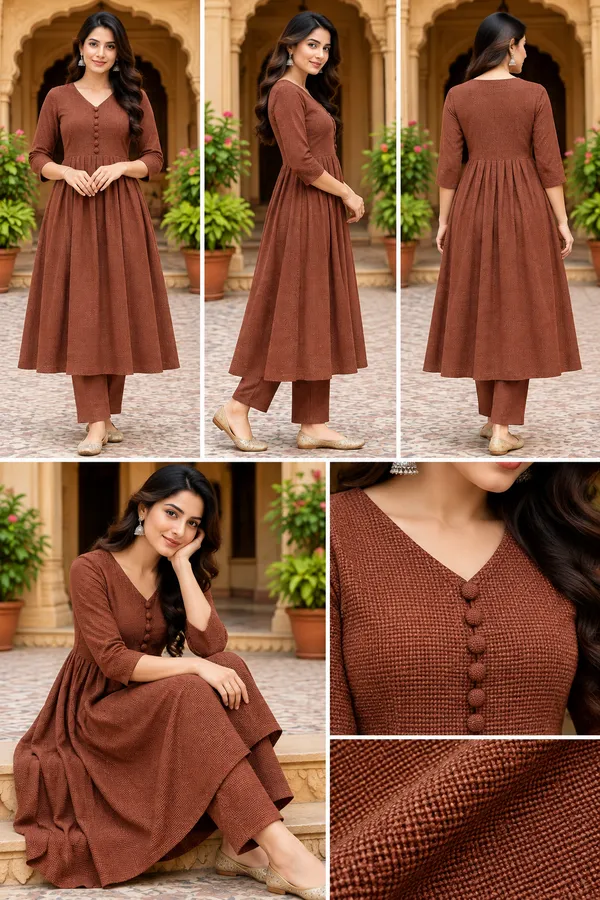 Brown_Textured_Flared_Kurta_Set_for_Women