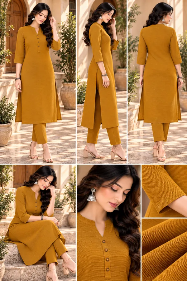Mustard_Textured_Straight_Kurta_Set_For_Women