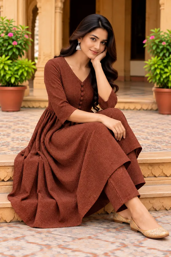 Brown_Textured_Flared_Kurta_Set_for_Women