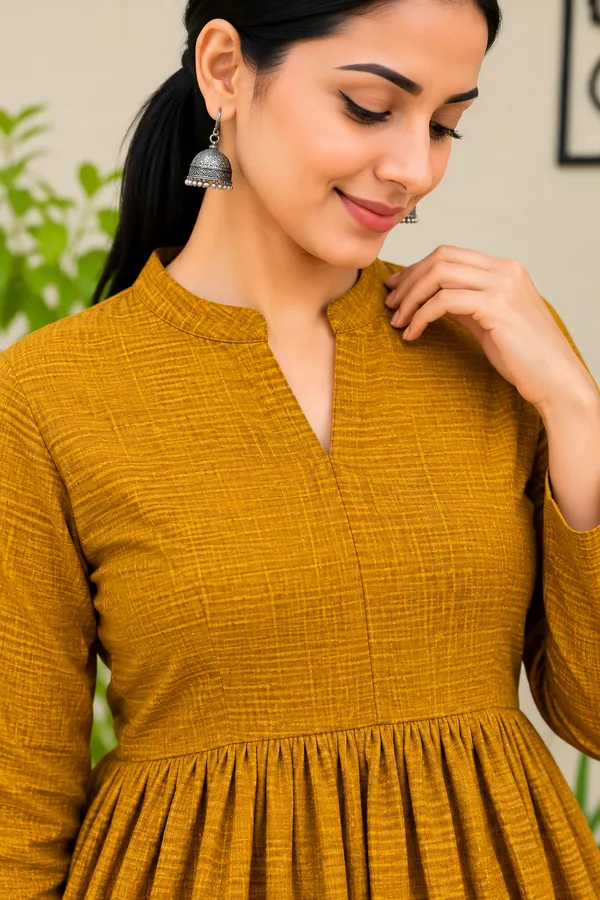 Mustard_Textured_Flared_Kurta_Pant_Set_for_Women