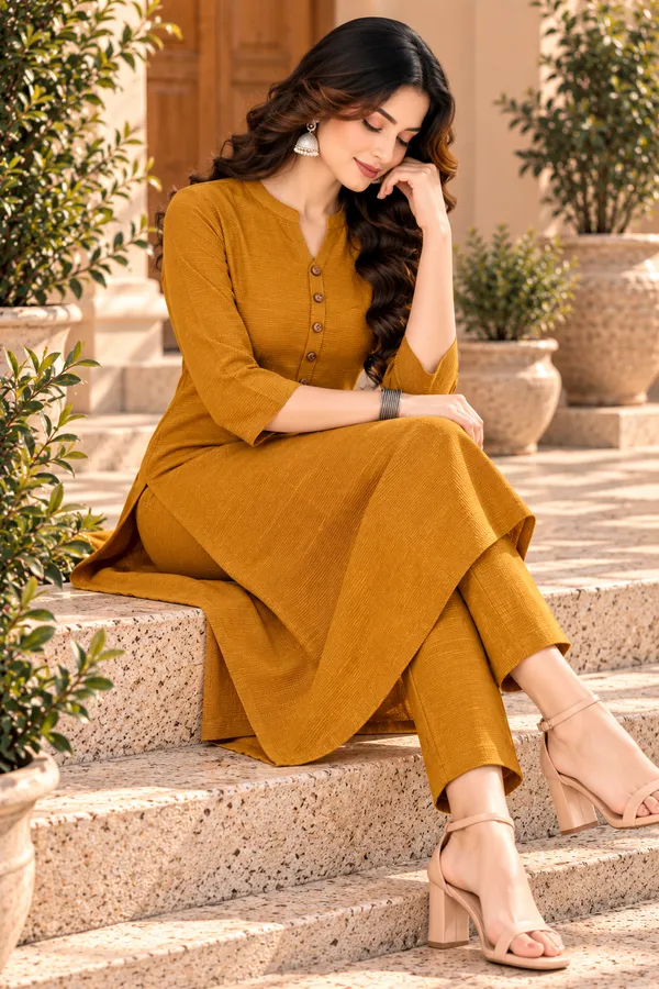Mustard_Textured_Straight_Kurta_Set_For_Women