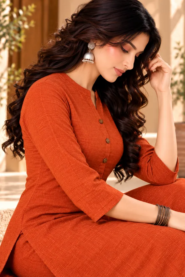 Rust_Textured_Straight_Kurta_Set_for_Women