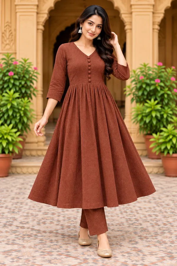 Brown_Textured_Flared_Kurta_Set_for_Women