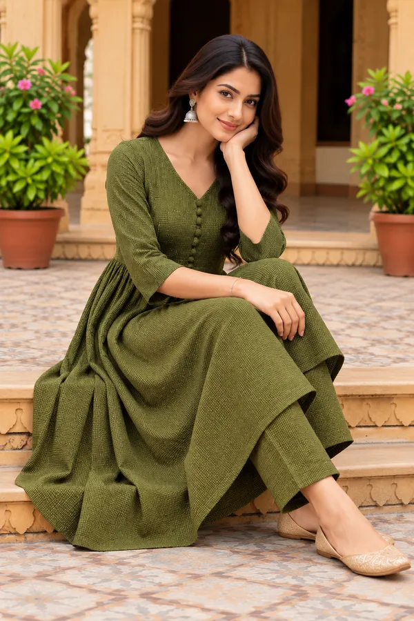 Olive_Green_Textured_Flared_Kurta_Set_for_Women