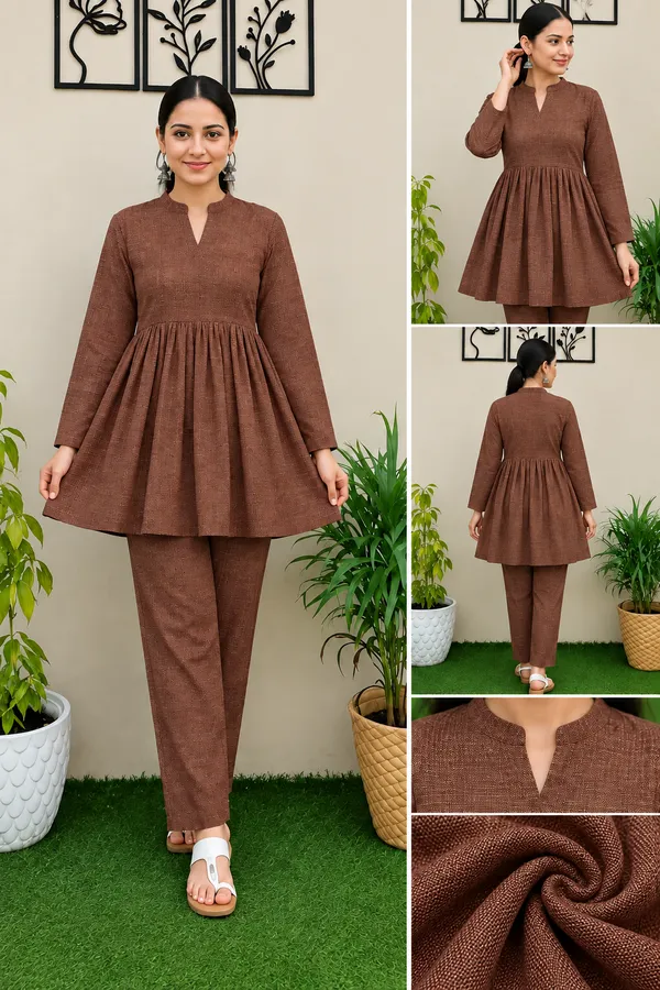 Brown_Textured_Flared_Kurta_Pant_Set_for_Women