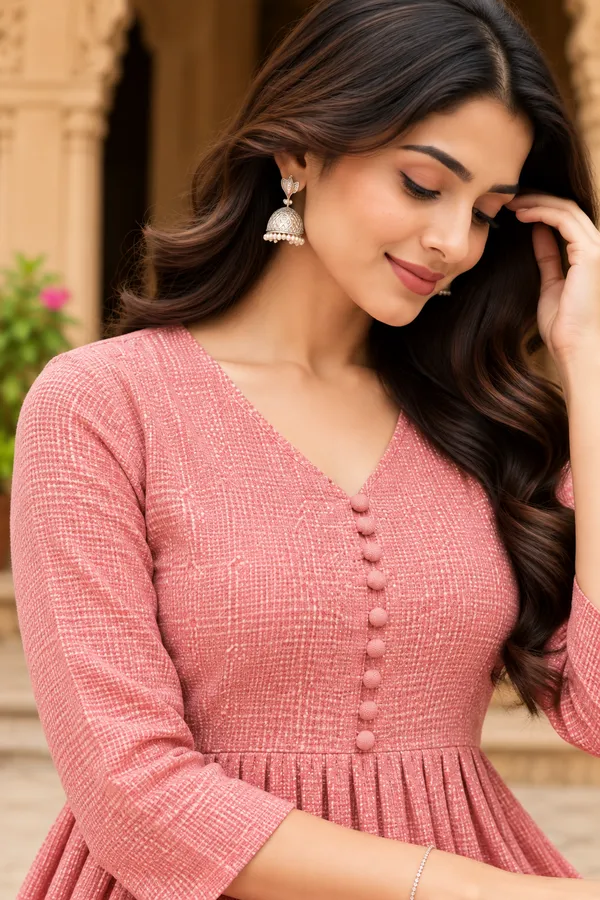 Pink_Textured_Anarkali_Kurti_Set_for_Women