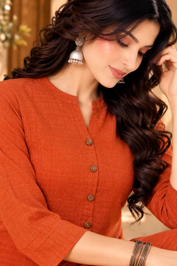 Rust_Textured_Straight_Kurta_Set_for_Women