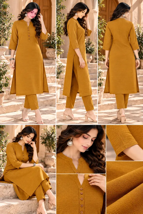 Mustard_Textured_Straight_Kurta_Set_For_Women