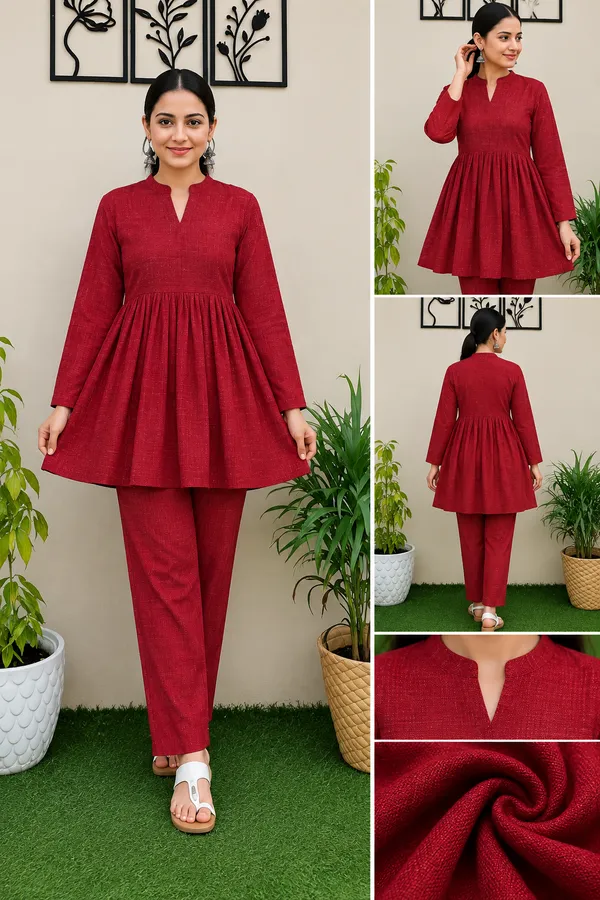 Red_Textured_Flared_Kurta_Pant_Set_for_Women