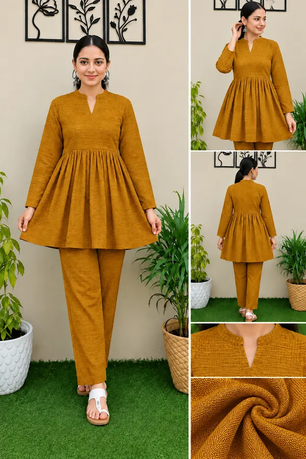 Mustard_Textured_Flared_Kurta_Pant_Set_for_Women