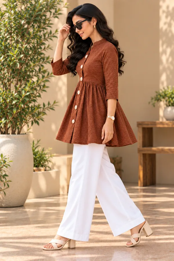 Brown_Textured_Fit_And_Flare_Kurti_Pant_Set_for_Women