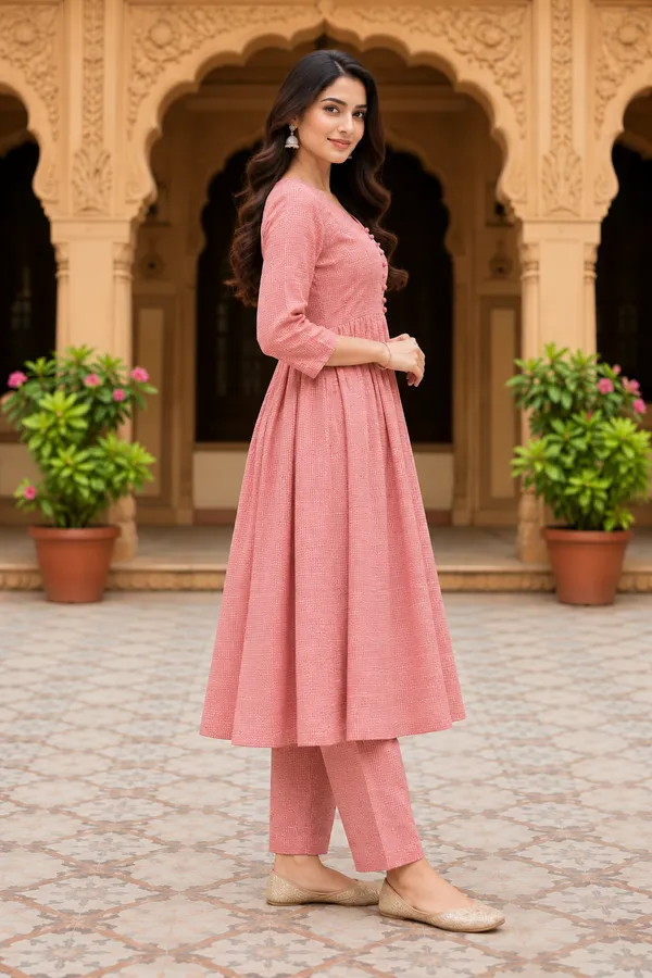 Pink_Textured_Anarkali_Kurti_Set_for_Women
