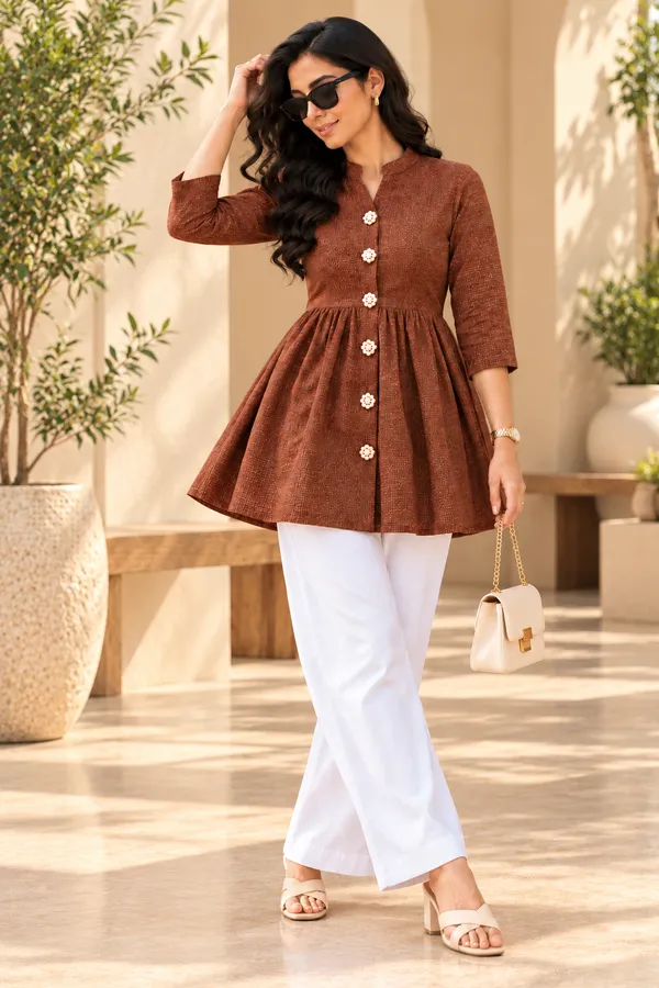 Brown_Textured_Fit_And_Flare_Kurti_Pant_Set_for_Women