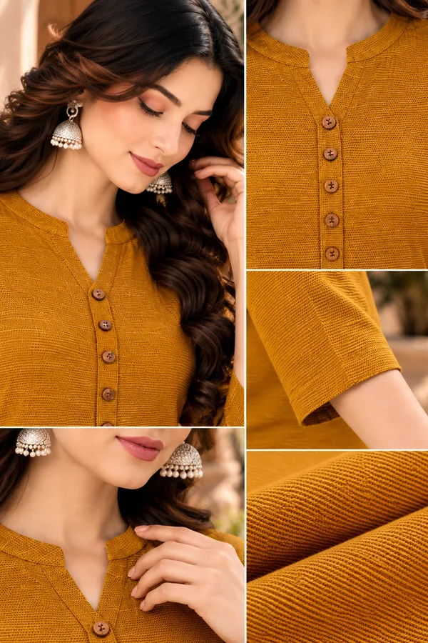 Mustard_Textured_Straight_Kurta_Set_For_Women