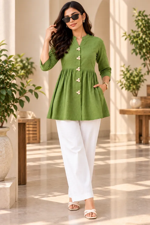Green_Textured_Flared_Kurti_For_Women