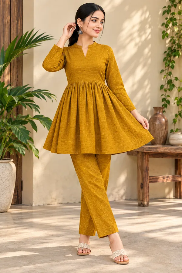 Mustard_Textured_Flared_Kurta_Pant_Set_for_Women