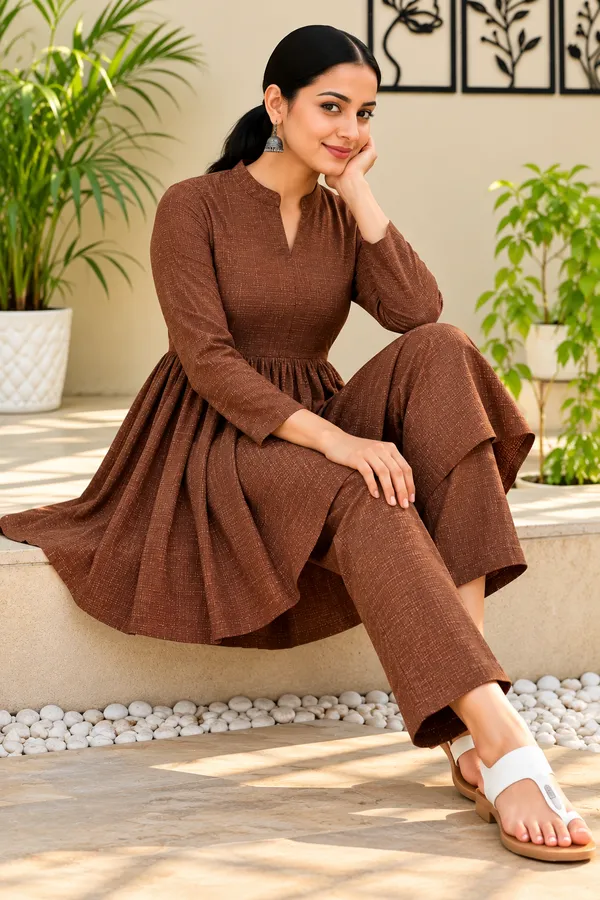 Brown_Textured_Flared_Kurta_Pant_Set_for_Women