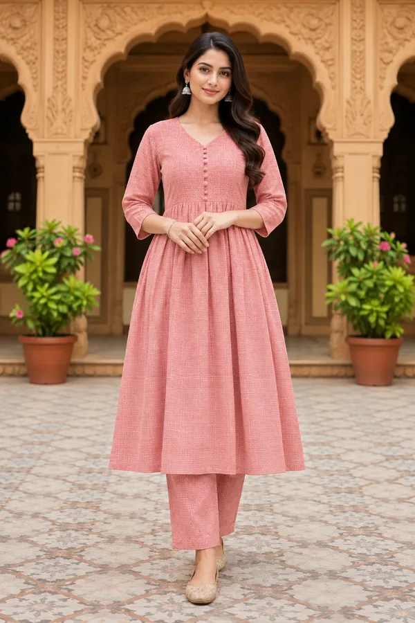 Pink_Textured_Anarkali_Kurti_Set_for_Women