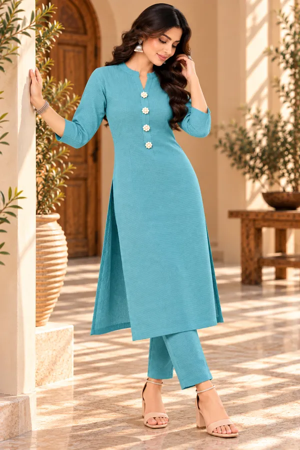 Teal_Textured_Straight_Kurta_Pant_Set_for_Women