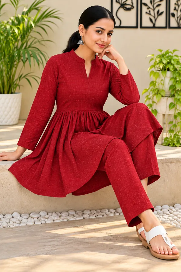 Red_Textured_Flared_Kurta_Pant_Set_for_Women