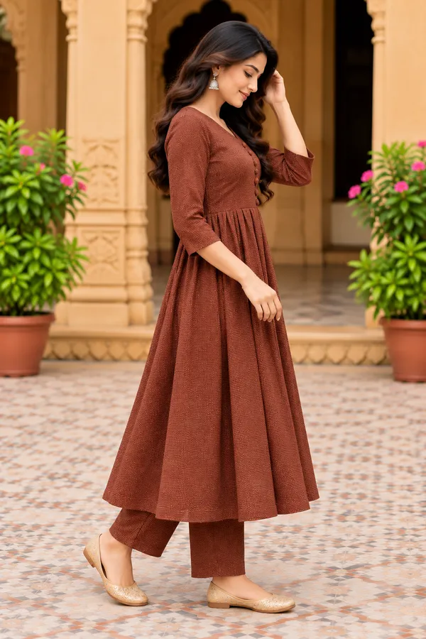 Brown_Textured_Flared_Kurta_Set_for_Women
