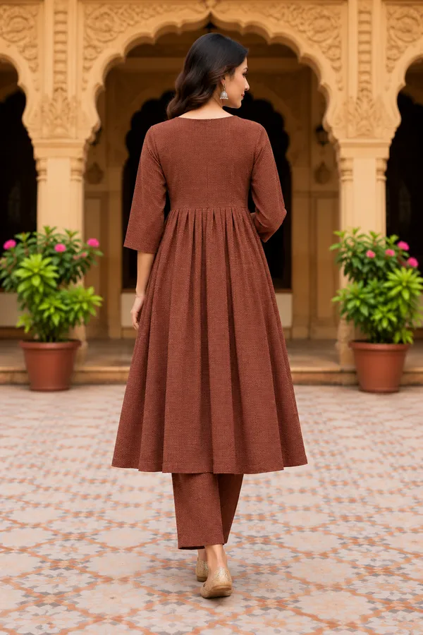 Brown_Textured_Flared_Kurta_Set_for_Women