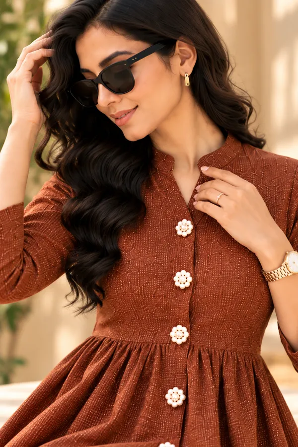 Brown_Textured_Fit_And_Flare_Kurti_Pant_Set_for_Women