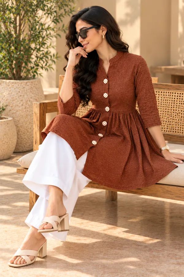 Brown_Textured_Fit_And_Flare_Kurti_Pant_Set_for_Women