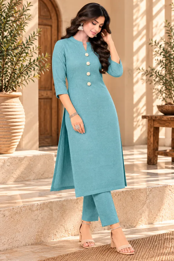 Teal_Textured_Straight_Kurta_Pant_Set_for_Women