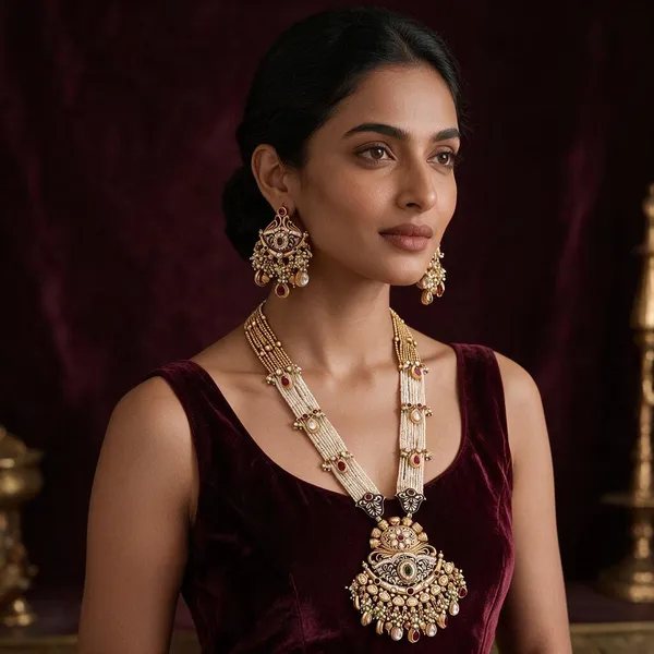 New_Latest_Stylish_Heritage_Long_Pearl_Jewellery_Set_With_Earrings_For_Woman