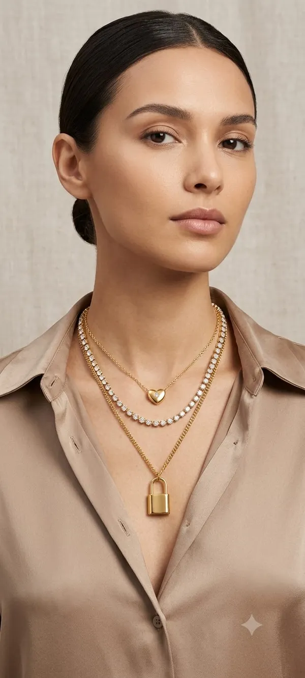 Gold_Tone_Alloy_Layered_Heart_Padlock_Pendant_Necklace_Set_For_Women