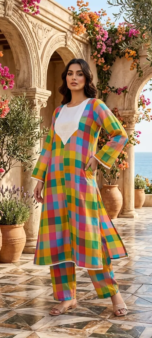 Multicolor_Cotton_Rayon_Checkered_Straight_Kurta_Set_For_Women