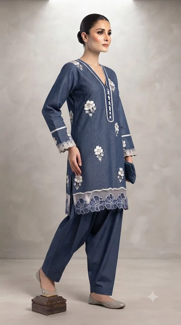 Blue_Denim_Floral_Embroidered_Straight_Kurta_Set_For_Women