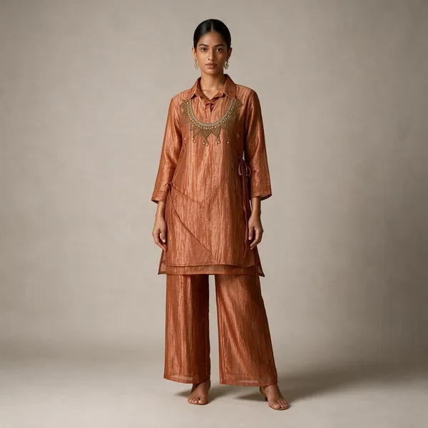 Rust_Textured_Straight_Kurta_Palazzo_Set_For_Women