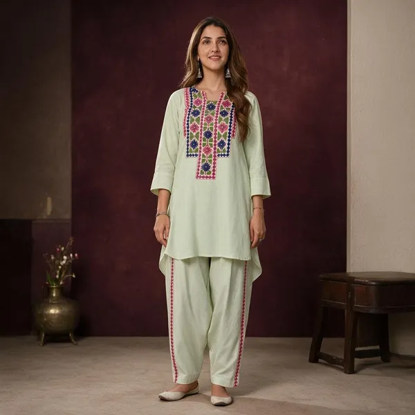 Green_Cotton_Rayon_Embroidered_Straight_Kurta_Set_For_Women