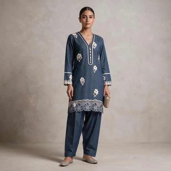 Blue_Denim_Floral_Embroidered_Straight_Kurta_Set_For_Women