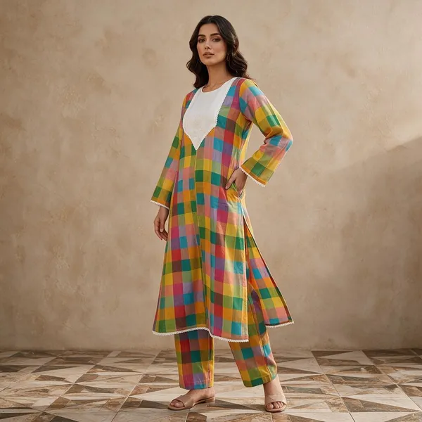 Multicolor_Cotton_Rayon_Checkered_Straight_Kurta_Set_For_Women