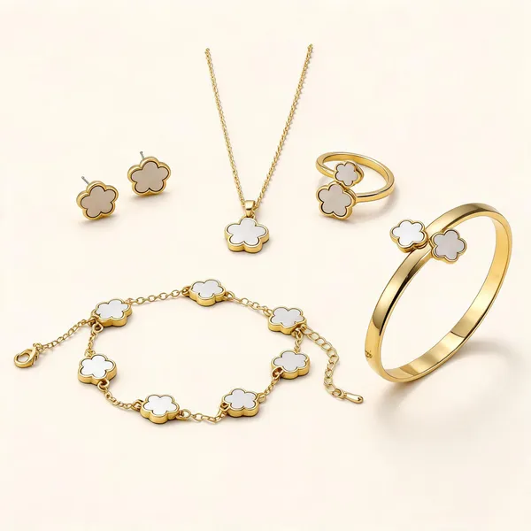 Gold_Tone_Alloy_White_Clover_Jewellery_Set_For_Women