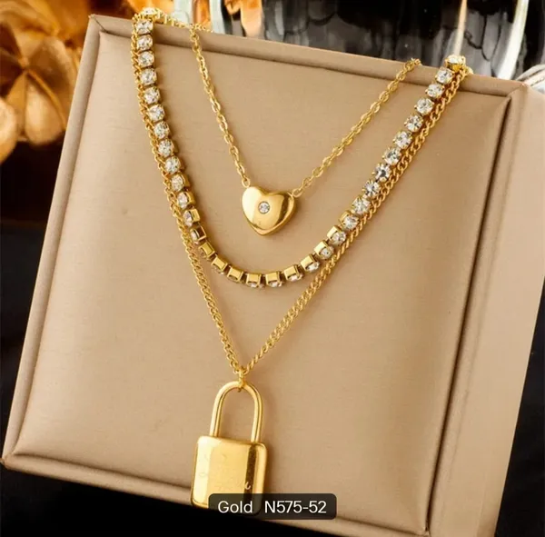 Gold_Tone_Alloy_Layered_Heart_Padlock_Pendant_Necklace_Set_For_Women