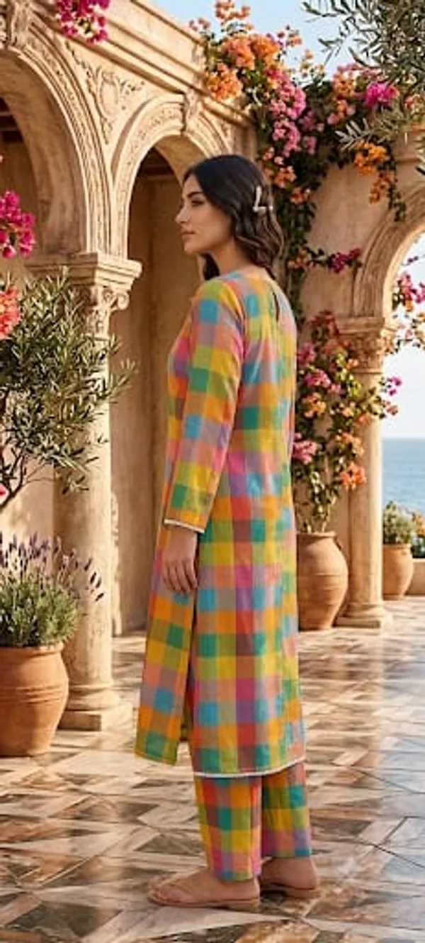 Multicolor_Cotton_Rayon_Checkered_Straight_Kurta_Set_For_Women