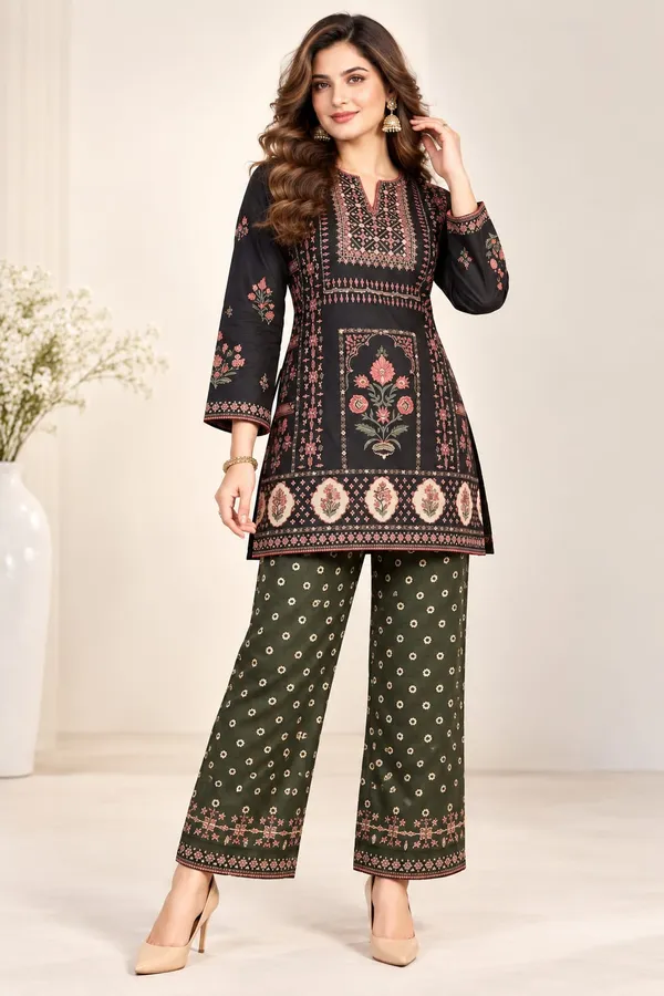 style_unlimited_Bottle_green_black_Printed_co-Ord_set_For_Women_in_crepe_fabric
