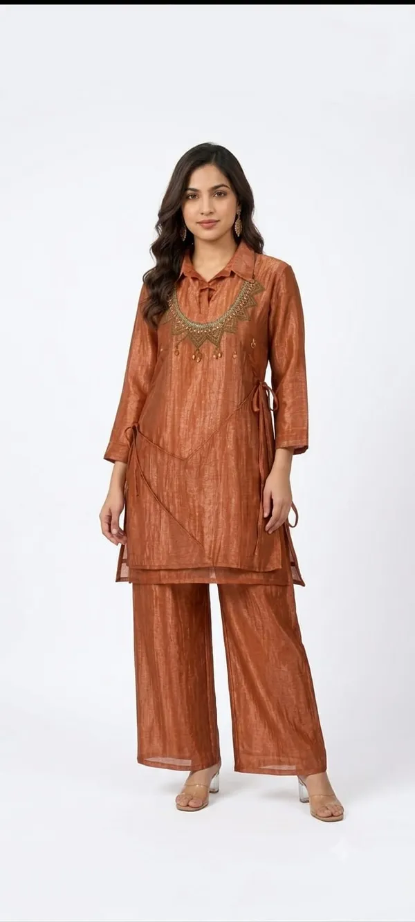 Rust_Textured_Straight_Kurta_Set_for_Women