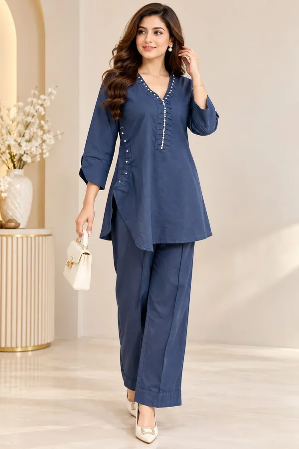 solid_denim_co-Ord_set_embellish_with_stone_and_bead_work