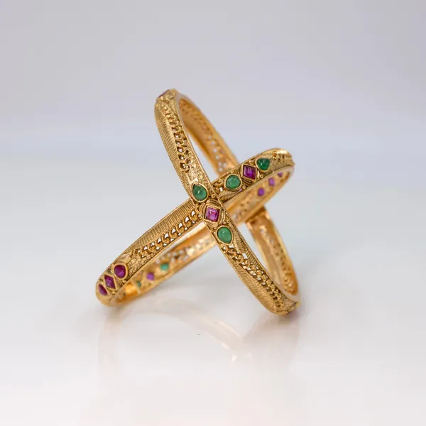 Classic_Gold_Plated_Temple_Bangle_V_1242_Green_Pack_Of_2