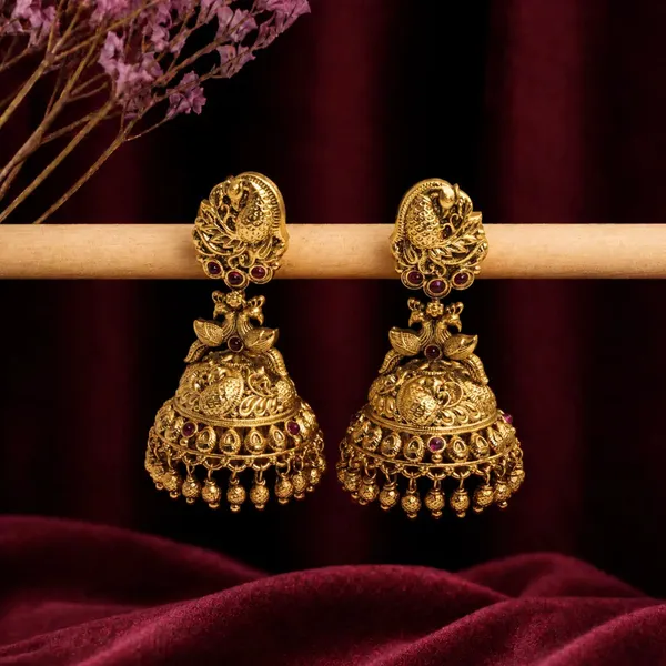 Antique_Peacock_Gold_Plated_Jhumka_R_1165_Red
