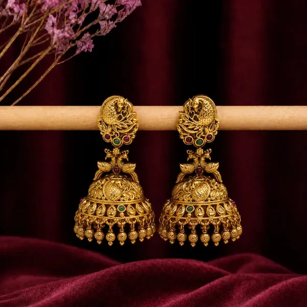 Antique_Peacock_Gold_Plated_Jhumka_R_1165_Red