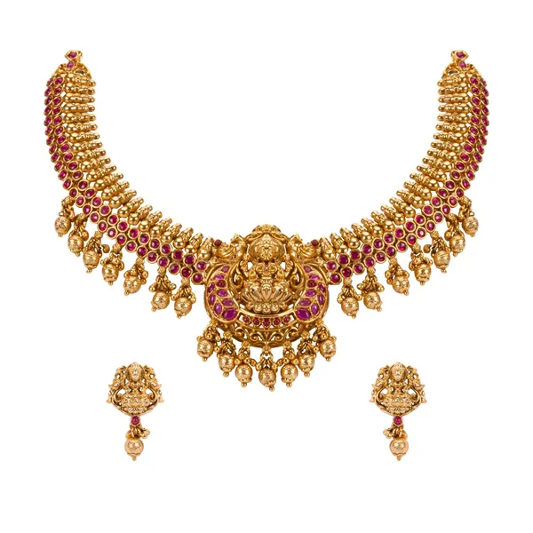 Gold_Lakshmi_Temple_Necklace_Set_K_1168_Red