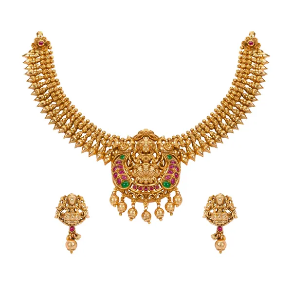 Gold_Lakshmi_Temple_Necklace_Set_K_1168_Green