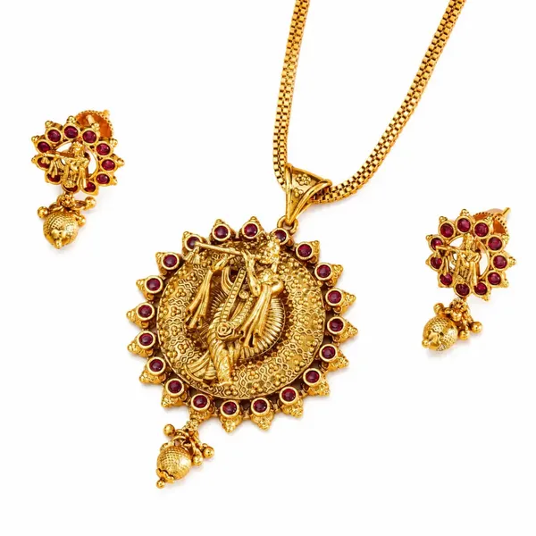 Krishna_Gold_Plated_Pendant_Set_T_57_Red